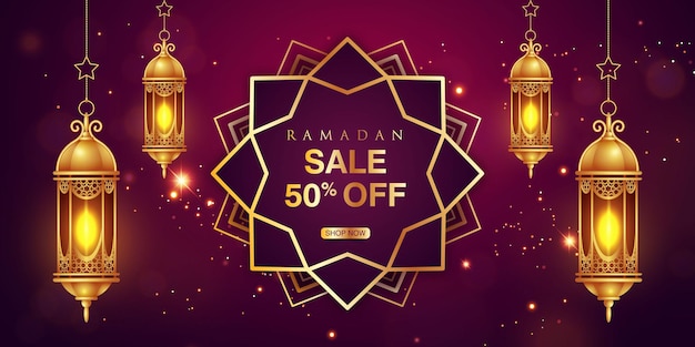 Ramadan sale horizontal banner with realistic golden lanterns and shining stars