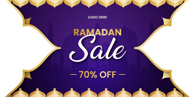 Ramadan Sale poster with a mosque in the background Gold and purple design