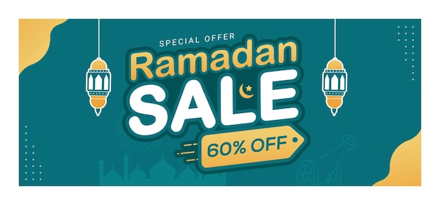 Vettore striscioni orizzontali di promozione della vendita del ramadan con lanterne arabe e ornamenti islamici