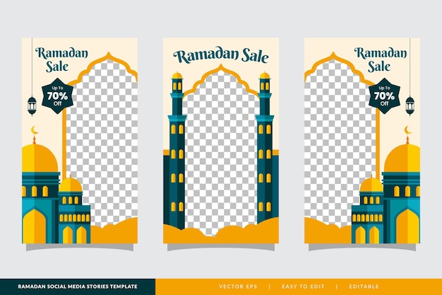 Ramadan sale social media stories banner discount template design with mosque illustration
