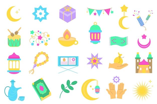 Ramadan set grafische elementen in plat ontwerp Bundel van crescent star guirlande vuurwerk drum lantaarn olielamp tapijt rozenkrans koran boek cadeau en andere Vector Illustratie geïsoleerde objecten