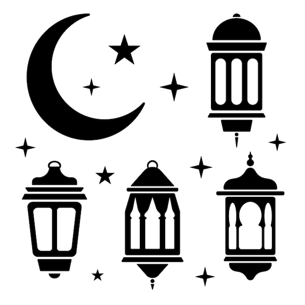 Vector ramadan set with lantern, moon and stars in black and white.