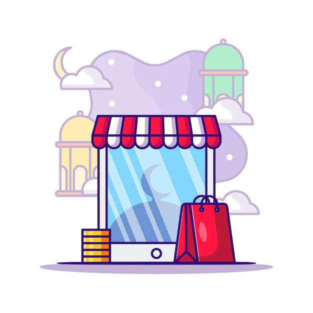 Vector ramadan shopping on mobile smartphone cartoon illustration