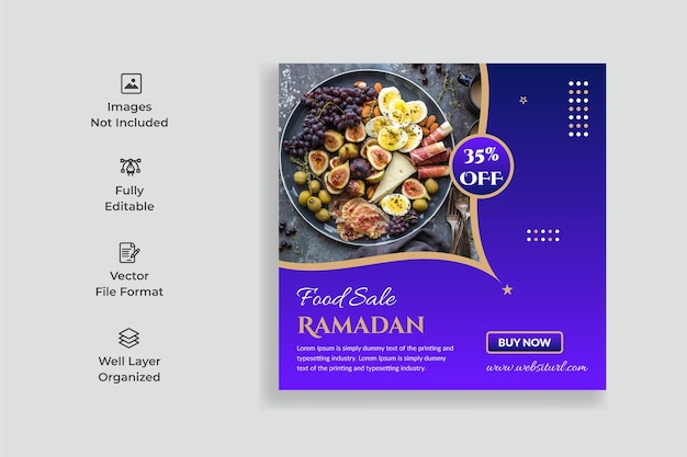 Vettore post sui social media di vendita del menu di cibo speciale del ramadan o banner del post sui social media di promozione della vendita del ramadan