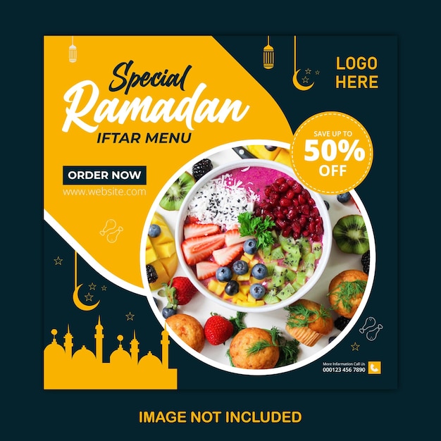 라마단 특별 음식 메뉴 소셜 미디어 포스트 디자인 템플릿 Premium 벡터
