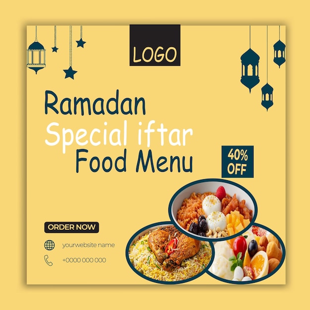 Progettazione del menu del cibo speciale di iftar del ramadan e modello di post sui social media