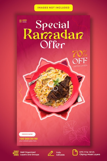 Offerta speciale ramadan menu cibo social media promozione storia post design modello premium vettore