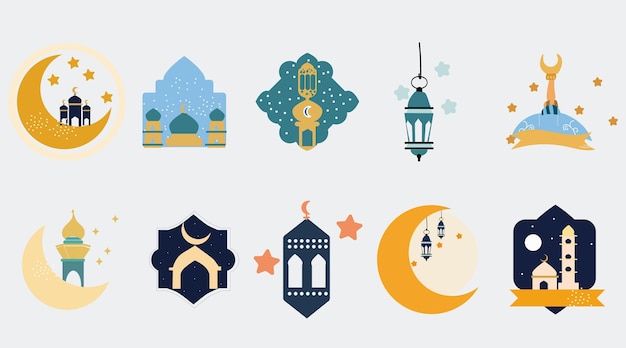 Ramadan stickers collection set cartoon style flat design Premium Vector