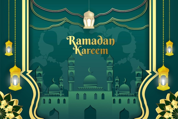 Ramadan stijlvolle islamitische achtergrond groen en goud luxe kleur met moskee