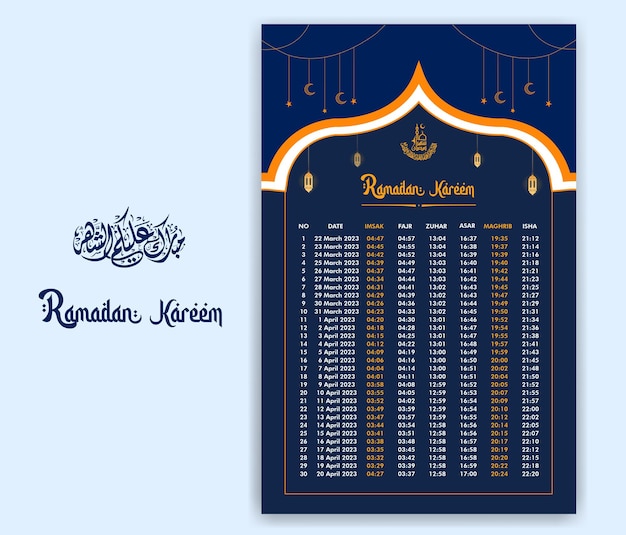 Calendario del tempo del ramadan 2023 con i tempi di preghiera nel ramadan programma del ramadan digiuno iftar e orario della preghiera design di sfondo islamico con moschea e lampada