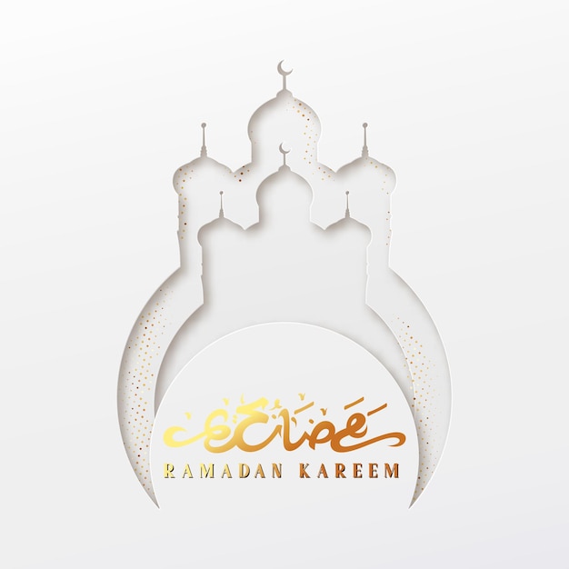 Ramadan vector background. Effect of the cut paper with the embossed Arabic calligraphic text of Ramadan Kareem. Creative design greeting card, banner, poster. Traditional Islamic holy holiday