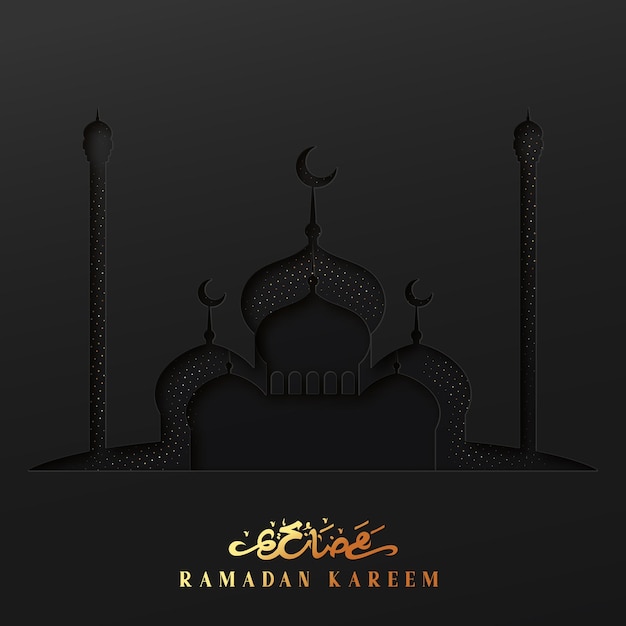 라마단 벡터 배경입니다. 라마단 카림(ramadan Kareem)의 양각 아랍어 서예 텍스트가 있는 절단 용지의 효과. 크리에이 티브 디자인 인사말 카드, 배너, 포스터. 전통적인 이슬람 성스러운 휴일