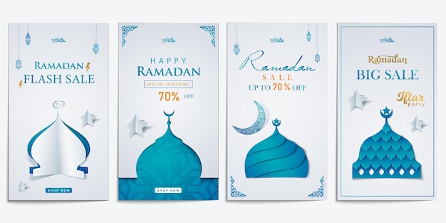 Vector ramadan verhalen verkoop sociale media berichten collectie papier gesneden stijlenset