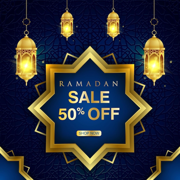 Ramadan verkoop banner met gouden traditionele lantaarn