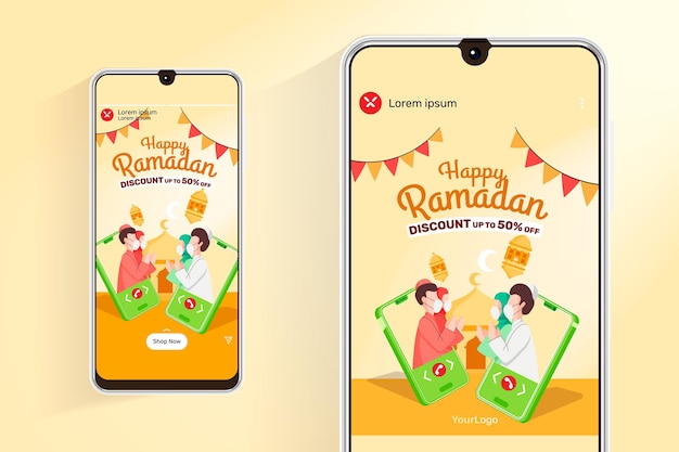 Ramadan verkoop feed en verhalen met illustratie mobiele communicatie moslimmensen