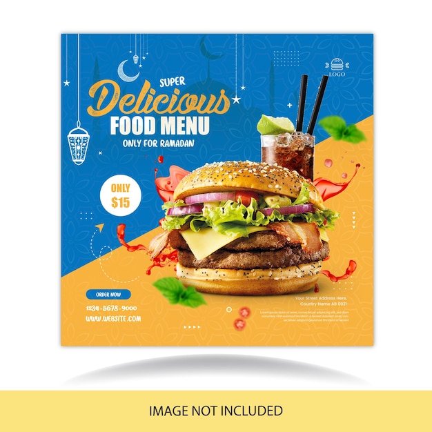 Ramadan verkoop heerlijke hamburger en eten menu social media bannersjabloon