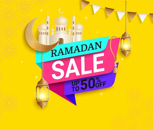 Ramadan verkoop heldere bannerkortingskaartflyer voor traditionele moslim vakantie winkelen met gouden bloemenpatroonlampmoskee maanislamitische groetuitnodiging posterweb headervectorillustratie