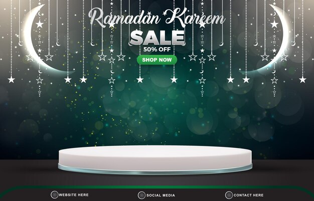 Ramadan verkoop korting sjabloon banner met lege ruimte 3d podium voor productverkoop met abstract verloop donkergroen achtergrondontwerp