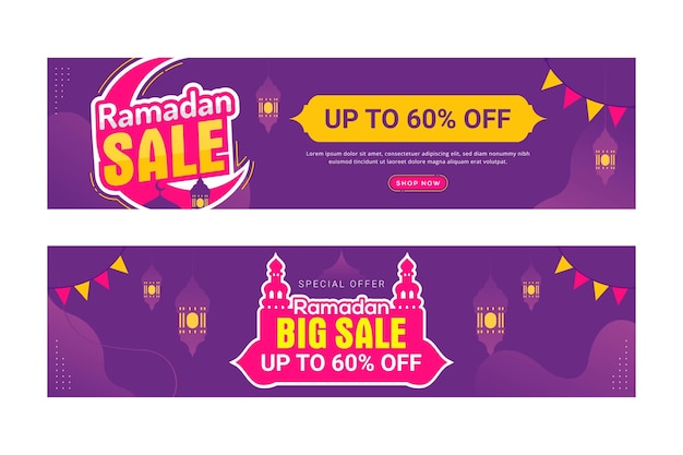 Ramadan verkoop promotie horizontale banners met Arabische lantaarns en islamitische ornamenten