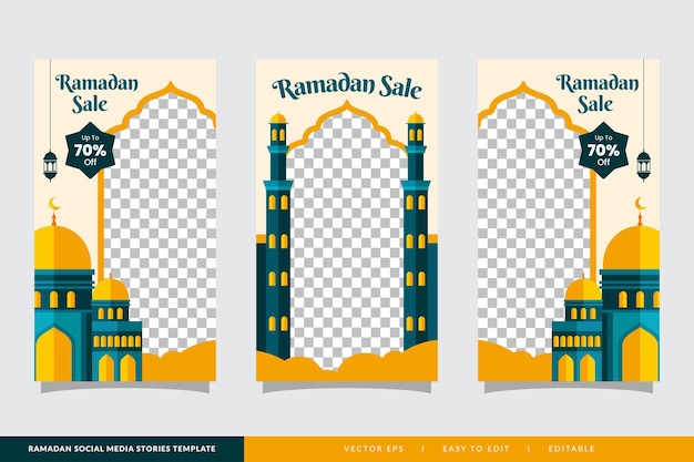 Ramadan verkoop sociale media verhalen banner korting sjabloon ontwerp met moskee illustratie