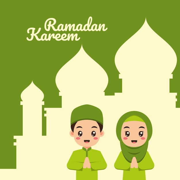 Ramadan wenskaart met schattige cartoon moslimkinderen