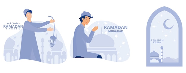 Ramadan wenskaart ramadan kareem met platte ontwerp moskee en halve maan set platte vector