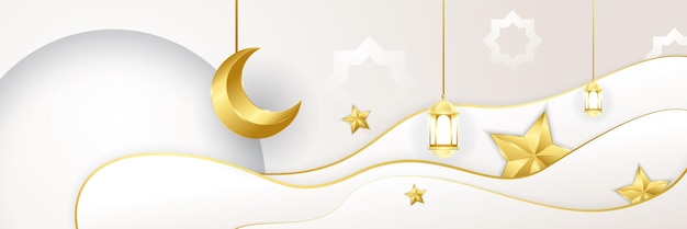 Ramadan witte kleurrijke brede banner ontwerp achtergrond Islamitische ramadan kareem banner achtergrond met halve maan patroon maan ster moskee lantaarn vectorillustratie