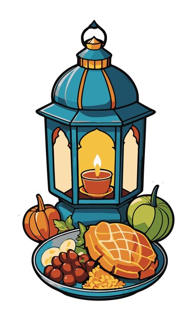 Vector ramadanlantaarn met voedsel om de hoek als iftar-items