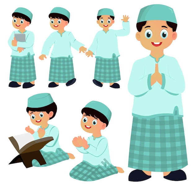 Vector ramadhan boy in action with islamic clothes