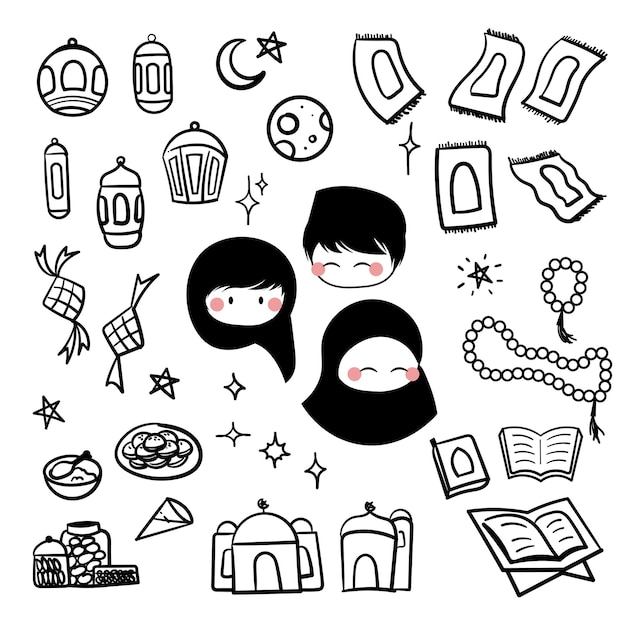 Ramadhan doodle set per lo sfondo ilustrasi ramadan dan idul fitri