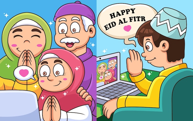 Riunione della famiglia ramadhan tramite videochiamata illustrazione dell'icona vettoriale della tecnologia isolata sul premio