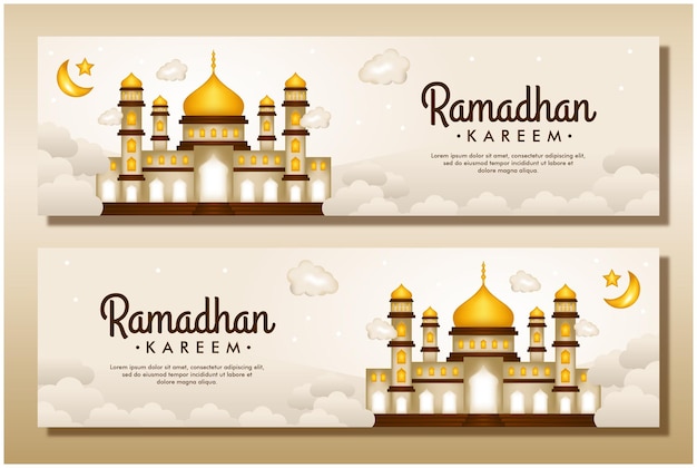 Vector ramadhan kareem banner with mosque moon and star background design template