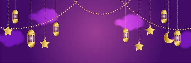 Ramadhan lantern purple gold colorful wide banner design background