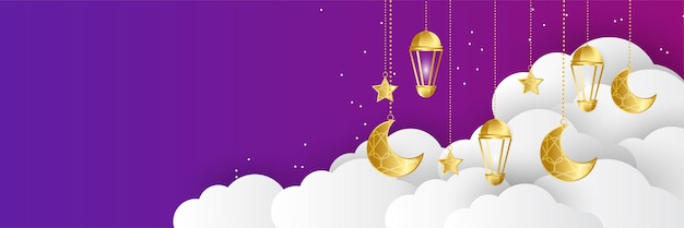 Рамадан фонарь фиолетовый золотой красочный широкий баннер дизайн фона