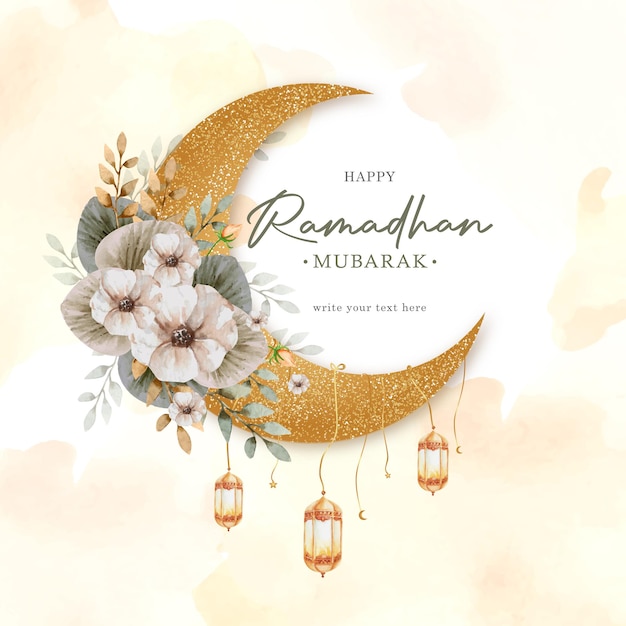 Ramadhan mubarak greeting card with crescent moon and white flowers ornament painting background