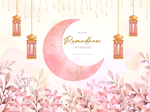 Ramadhan mubarak greeting card with pink floral and crescent moon ornament background