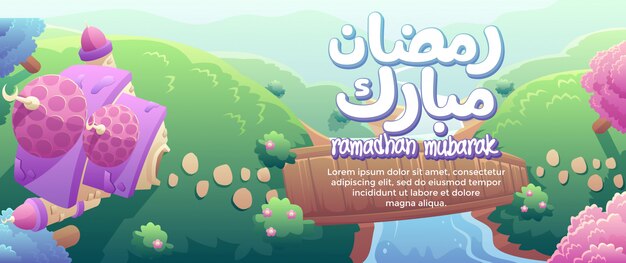 Ramadhan mubarak con una moschea carino e striscione ponte di legno