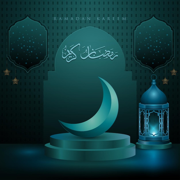 Ramadhan sale banner concept for promotion with podium blue and green background