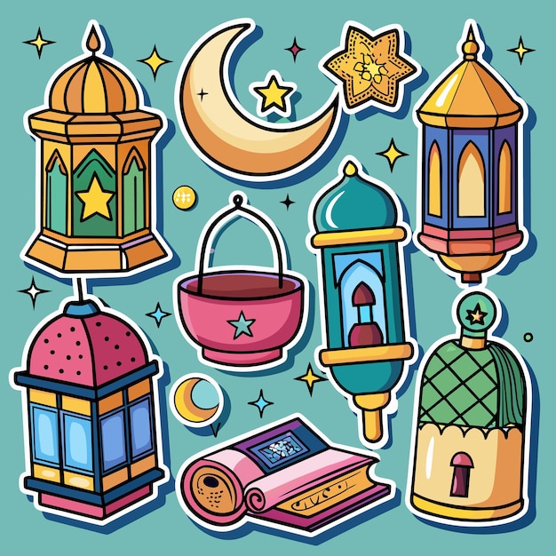 Vector ramadhan sticker iconen met de hand getekende kleurvector