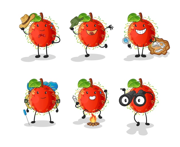 Vector rambutan avonturengroep karakter. cartoon mascotte vector