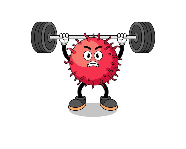 Rambutan-fruitmascottebeeldverhaal die een barbell opheffen