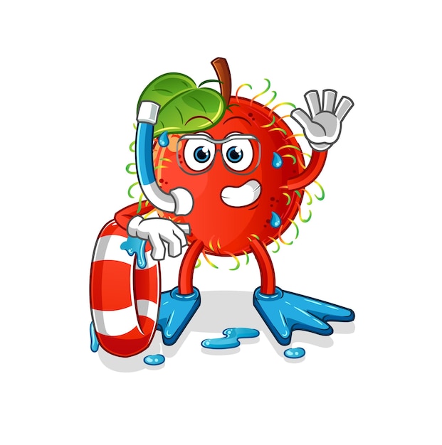 Rambutan zwemmer met boei mascotte. cartoon vector