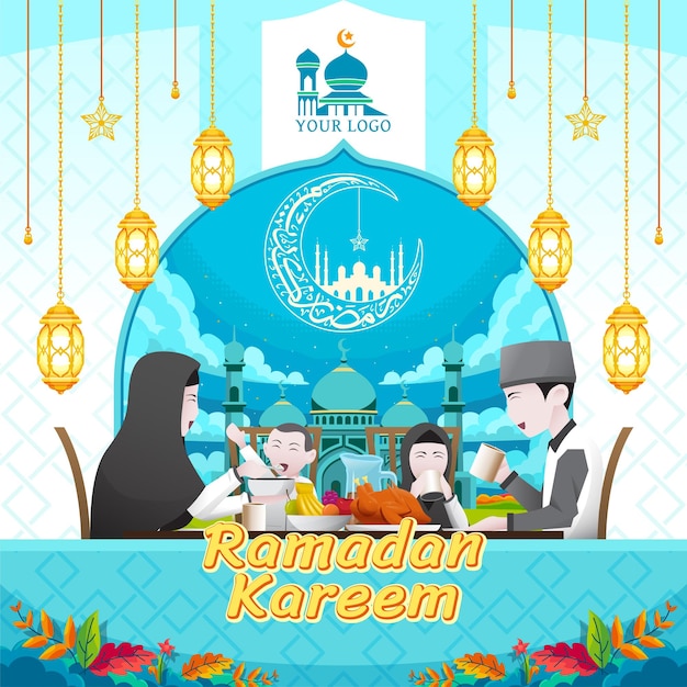 ramdan kareem poster design with family illustration and lantern decoration