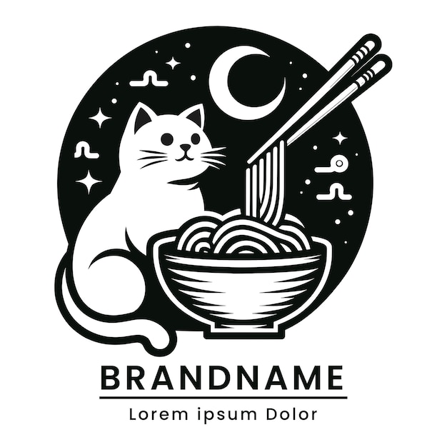 дизайн логотипа кошки рамен в японском стиле сочетает в себе неко и лапшу