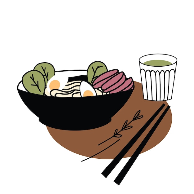 Ramen-doodle. Een handgetekende kom met Chinese eiernoedels en ingrediënten. Illustratie van Aziatische keuken met stokjes. Vector geïsoleerd op een witte achtergrond.