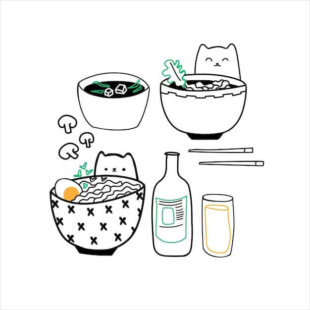 Ramen doodle set Een handgetekende kat verschuilt zich achter een kom Chinese eiernoedels Illustratie van de Aziatische keuken met stokjes en andere items Vector geïsoleerd op een witte achtergrond