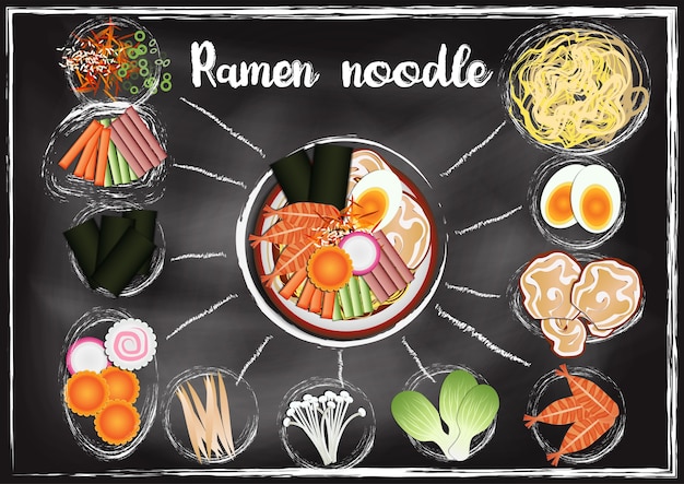 Ingredienti di ramen con sfondo di lavagna