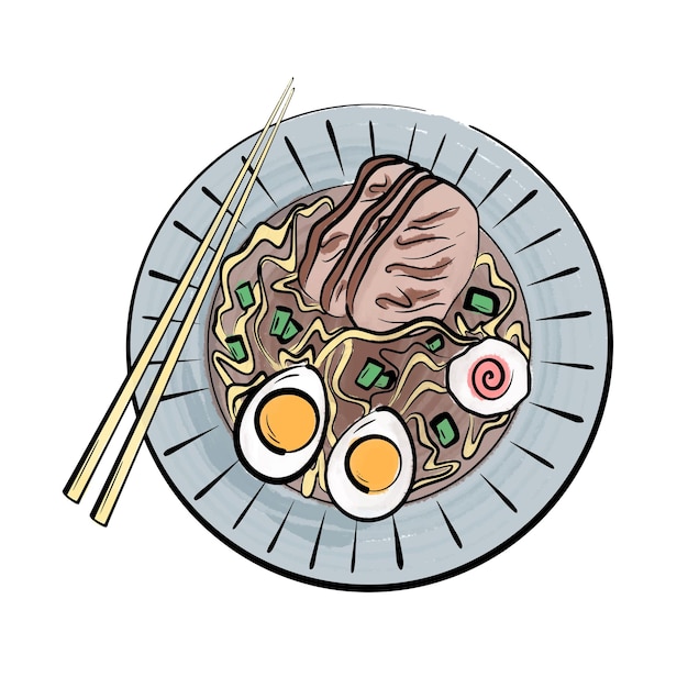 Ramen Japanese noodle dish. Japanese food. Asian cuisine. Flatlay vector illustration