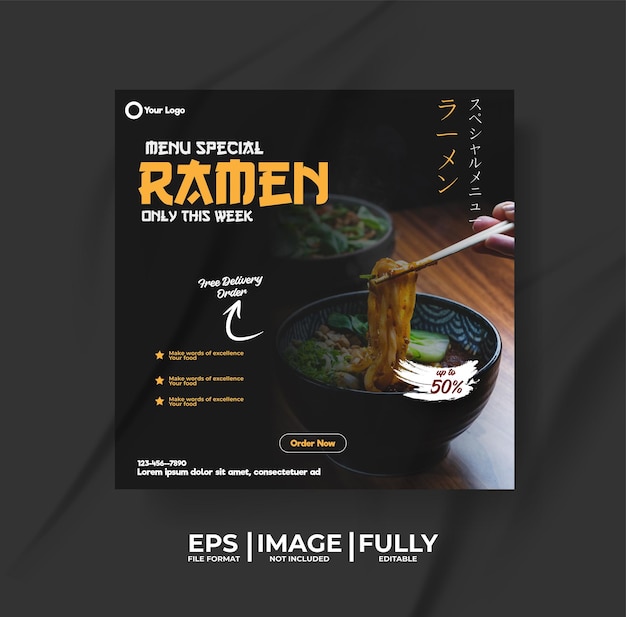 Vector ramen japannese food menu template with food pattern background