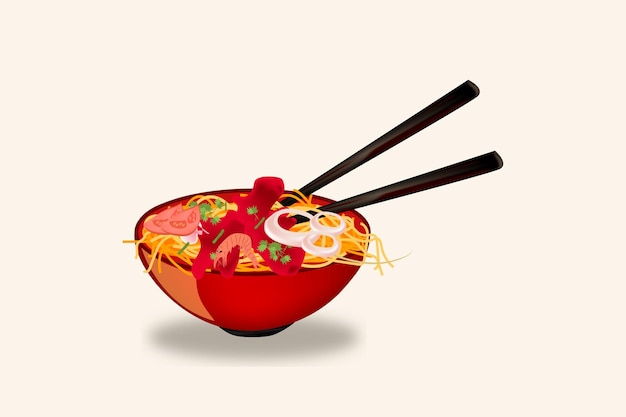 Vector ramen-noedels met groenten in een rode kom vectorillustratie